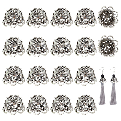 Antique Silver 24Pcs Tibetan Style Alloy Bead Caps, Hollow Flower, Antique Silver, 26.5x16mm, Hole: 2.2mm