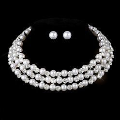 Серебро Круглые серьги-гвоздики из сплава со стразами и многослойные цепочки-ожерелья, с имитацией жемчуга, серебряные, 125 мм