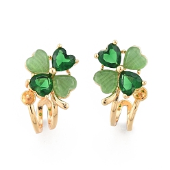 Green Brass Stud Earring Findings, with Glass, for Half Drilled Beads, Clover, Real 18K Gold Plated, Cadmium Free & Nickel Free & Lead Free, Green, 17x12mm, Pin: 0.7mm and 0.8mm(for half drilled beads)