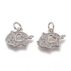 Платина Латунные микропаве прозрачные кубические циркониевые подвески, без кадмия и без свинца, долговечный, свинья, платина, 10.5x14.5x2 мм, отверстие : 3 мм