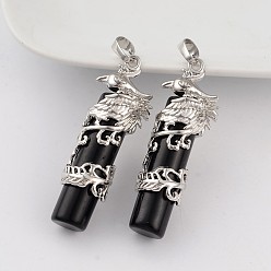 Обсидиан Колонка Природные обсидиана подвески, с латунной фурнитурой платинового цвета, 49x16x13 мм, отверстие : 8x5 мм