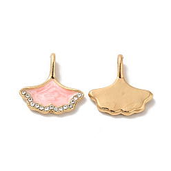 Pink Rack Plating Alloy Rhinestone Pendant, with Enamel, Nickel Free, Gingko Leaf Charms, Golden, Pink, 16.5x16x4.5mm, Hole: 2.2mm