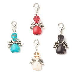 Mixed Color Dyed Synthetic Turquoise Pendant Decorations, with CCB Plastic Beads and Alloy Clasps, Skull with Wing, Mixed Color, 45mm, Skull: 29.5x20x9.5mm