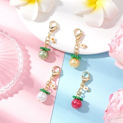 Mixed Color 4Pcs Tomato Glass Seed Beaded Pendant Decorations, Lobster Claw Clasp for Bag Ornaments, Mixed Color, 39mm