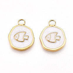 Белый 304 подвески из нержавеющей стали, с эмалью, плоский круглый с рыбными чарами, ионное покрытие (ip), реальный 18 k позолоченный, белые, 16.5x13x2 мм, отверстие : 2.5 мм