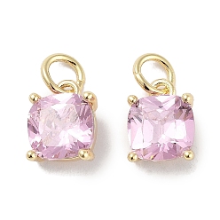 Pink Brass Micro Pave Cubic Zirconia Charms, with Jump Ring, Suqare, Real 18K Gold Plated, Pink, 9.5x7x3.5mm, Hole: 2.5mm