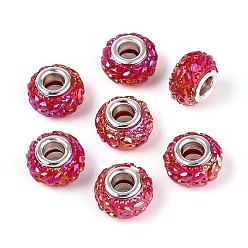 Светло-Вишневый Непрозрачная смола европейский бисер, бусины с большим отверстием, рондель с латунными сердечниками, покрытыми серебром, светло-вишневый, 13.5~14x8.2~9 мм, отверстие : 5 мм