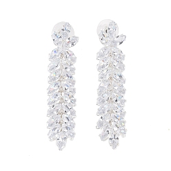 Platinum Brass Micro Pave Cubic Zirconia Stud Earrings, Leaf, Platinum, 61x12.5mm