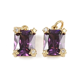 Фиолетовый Латунь прокладывает кубические циркониевые прелести, прямоугольные, стойки покрытие, без свинца и без кадмия, долговечный, реальный 18 k позолоченный, с целью перехода в кольце, фиолетовые, 12x9x7 мм, отверстие : 3 мм