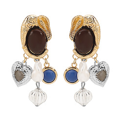 Кокосово-Коричневый Серьги-гвоздики из акрилового сплава с подвесками в форме сердца, со смолой и искусственным жемчугом, золотой и серебряный, кокосового коричневый, 70x32 мм