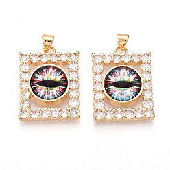 Разноцветный Латунные подвески с микропаве из прозрачных кубических цирконий для женщин, Прямоугольник с глаз, cmолой, реальный 18 k позолоченный, красочный, 26~27x20x7~8 мм, отверстие : 3.5~4x5 мм