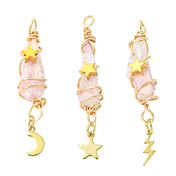 Бледно-Розовый 3 шт 3 стили гальванизированный натуральный кварцевый кристалл большие подвески, подвески-слезинки из медной проволоки с драгоценными камнями 304 из нержавеющей стали с луной, звездами и молниями, золотые, розовый жемчуг, 51.8 мм, отверстие : 3.4 мм, 1 шт / стиль