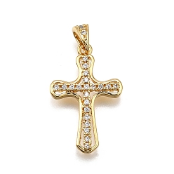 Настоящее золото 18K Латунные микро проложить кубического циркония подвески, крестик, долговечный, без свинца и без кадмия, реальный 18 k позолоченный, 25x16x3 мм, отверстие : 5x3 мм