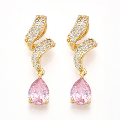 Бледно-Розовый Латунные микро проложить кубического циркония подвески, слеза, без кадмия и без свинца, розовый жемчуг, 32~33x9~10.5x6~6.5 мм, отверстие : 3x5.5 мм