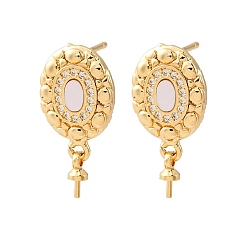 Настоящее золото 18K Фурнитура для серег-гвоздиков из латунных ракушек с микропаве из кубического циркония, за половину пробурено бисера, с уха орехов, овальные, без кадмия и без свинца, стойки покрытие, долговечный, реальный 18 k позолоченный, 21.5x10.5 мм, штифты : 0.9x12 мм