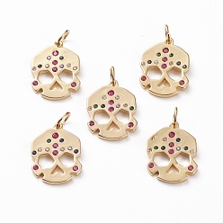 Настоящее золото 18K Латунные микро-паве красочные кубические циркониевые подвески, с прыжковых колец, череп, реальный 18 k позолоченный, 19.5x14.5x2 мм, Перейти кольцо: 6x1 мм, 4 мм внутренним диаметром