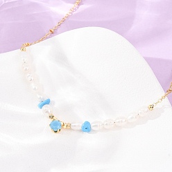 Synthetic Turquoise Synthetic Turquoise Chip and Rice Natural Pearl Beaded Necklaces, Brass Pave Cubic Zirconia Necklaces, Real 18K Gold Plated, Long-Lasting Plated, Rack Plating, Lead Free & Cadmium Free, 14.96 inch(38cm)