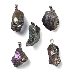 Разноцветный Подвески из гальванизированного необработанного натурального кварца, подвески-самородки с железной фурнитурой, платина, красочный, 31~42x18~35x8~33 мм, отверстие : 6.5x4.5 мм
