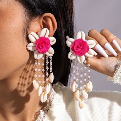 Золотой Серьги-гвоздики с кисточками из натурального ракушечного сплава с цветком, с пластиковой имитационной жемчужиной, золотые, 127x48 мм