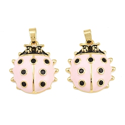 Pink Brass Micro Pave Cubic Zirconia Pendants, with Enamel, Ladybird Charms, Real 18K Gold Plated, Pink, 20.5x18.5x5mm, Hole: 4.5x2.5mm