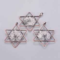 Quartz Crystal Natural Quartz Crystal Pendants, with Brass Findings, Star, Red Copper, 52x43x5~6mm, Hole: 5x8mm