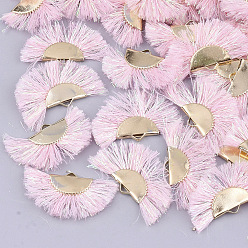 Pink Polyester Tassel Pendants, with Metallic Cord and Iron Findings, Fan Shape, Golden, Pink, 17~20x30~34x2.5mm, Hole: 3x1mm