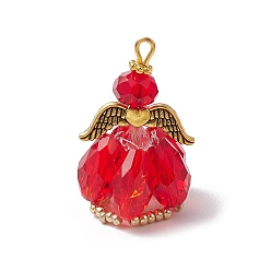 Красный Граненые подвески стекла, ангельское очарование, с крылом из античного золотого сплава и золотой железной петлей, стеклянными жемчужными бусинами и стеклянными бусинами, красные, 31x20x20 мм, отверстие : 2 мм