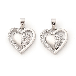 Платина Латунные микро проложить кубического циркония подвески, без кадмия и без свинца, сердце, платина, 16x15x3.5 мм, отверстие : 5x2.5 мм