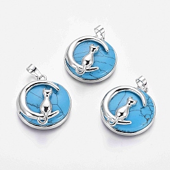 Синтетическая Бирюза Кулоны с котенком из синтетической бирюзы, с латунной фурнитурой платинового цвета, плоский круглый с формой кота и полумесяца, 32x28x9 мм, отверстие : 5x7 мм