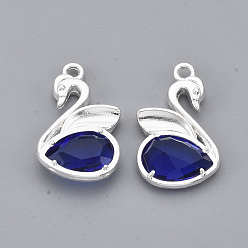 Silver Eco-Friendly Alloy Glass Pendants, Faceted, Nickel Free, Swan, Blue, Silver Color Plated, 20x12.5x4mm, Hole: 1.5mm