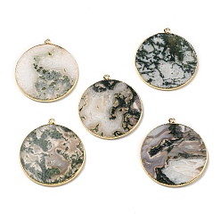 Moss Agate Natural Moss Agate Pendants, with Brass Findings, Flat Round, Golden, 32~34x28.5~31x2mm, Hole: 1.6mm