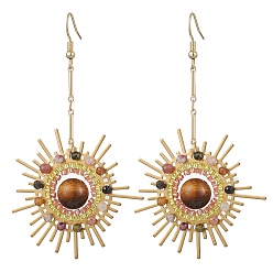 Золотой Серьги-подвески из натурального турмалина и тигрового глаза, с латунными звеньями и 304 крючками для сережек из нержавеющей стали, солнце, золотые, 82x44 мм