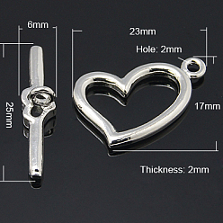 Platinum Brass Toggle Clasps, Platinum Color, Heart: 23x17x2mm, hole: 2mm, Bar: 25x6mm, hole: 2mm.