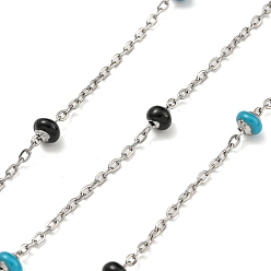 Deep Sky Blue 304 Stainless Steel Enamel Link Chains, Soldered, with Spool, Flat Round, Deep Sky Blue, 2x1.5x0.5mm