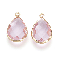 Pearl Pink Glass Pendants, with Brass Findings, Faceted, Drop, Light Gold, Pearl Pink, 22x13.5x6mm, Hole: 1.8~2.3mm