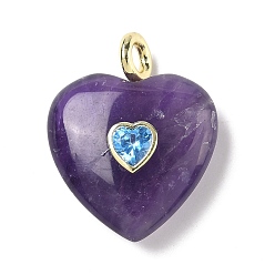 Аметист Подвески из натурального аметиста , Подвески в форме сердца с фурнитурой из кубического циркония, инкрустированной латунью., золотые, 30.5~31x25.5x10.5 мм, отверстие : 4 мм