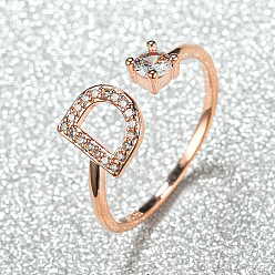 Letter D Манжеты из латуни с микро паве кубический цирконий для женщин, открытые кольца, розовое золото , Буква D, внутренний диаметр: 16~19 мм