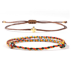 (52) Непрозрачная лаванда 2комплект регулируемых браслетов, Латунный крестик-подвеска и украшения из плетеного хлопка и полиэстера для пары., разноцветные, 11.02 дюйм (28 см)