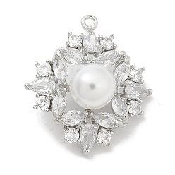 Платина Стойка покрытие латунные микропаве прозрачные кубические циркониевые кнопки, с ABS имитации жемчуга, долговечный, без свинца и без кадмия, прямоугольные, 1-луночное, платина, 25x22.5x11.5 мм, Отверстие : 1.5 мм & 1.4 мм