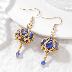 Королевский синий Прозрачные серьги-подвески из гальванизированного стекла и бисера., цветок, с 304 нержавеющей стали серьги крючки, золотые, королевский синий, 53x18 мм