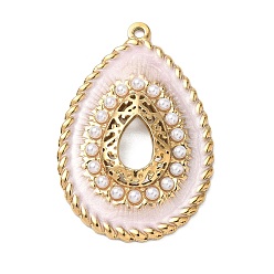 Pink 304 Stainless Steel Enamel Pendants, Teardrop Charms, with ABS Plastic Imitation Pearl, Ion Plating(IP), Golden, Pink, 44x30x4mm, Hole: 1.8mm