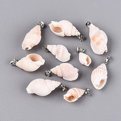 Seashell Color Brass & Natural Spiral Shell Pendants, Conch Charms, Platinum, Seashell Color, 16~34x8~19x8~17mm, Hole: 4~5x3.5mm