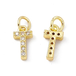 Letter T Real 18K Gold Plated Brass Micro Pave Clear Cubic Zirconia Charms, with Jump Ring, Letter.T, 12x6x2.5mm, Hole: 3.4mm