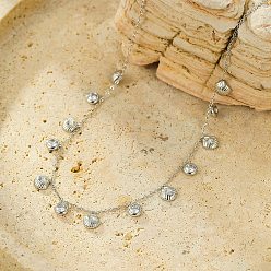 Нержавеющая Сталь Цвет 304 Женские ожерелья-нагрудники из нержавеющей стали с прозрачным кубическим цирконием, плоскими, круглыми и в форме ракушек, цвет нержавеющей стали, 18.50 дюйм (47 см)