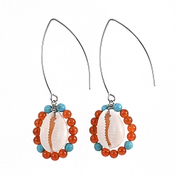 Carnelian Stainless Steel Dangle Earrings, with Natural Carnelian Beads and Shell Beads, 68~70mm, Pin: 0.7mm