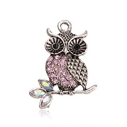Розовый Антикварные серебряные подвески тон сплава горный хрусталь птиц, сова ожерелье подвески для Хэллоуина, светло-розовый, 34x26x3 мм, отверстие : 3 мм
