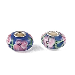 Marine Blue Lampwork & Brass Core European Beads, Large Hole Beads, Rondelle with Flower, Marine Blue, 15x7.5mm, Hole: 4mm