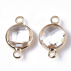 Clear Glass Links, with Real 18K Gold Plated Brass Findings, Nickel Free, Faceted, Flat Round, Clear, 17.5x10.5x4.5mm, Hole: 1.8mm