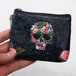 Black Imitation Leather Clutch Bag with Ball Chain, Halloween Theme Change Purse for Women, Rectangle with Skull Pattern, Black, 10x12cm