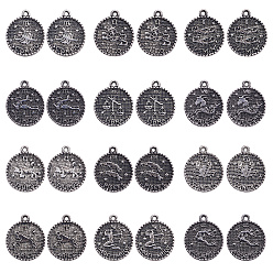 Antique Silver Tibetan Style Alloy Pendants, Flat Round with Constellation/Zodiac Sign, Antique Silver, Antique Silver, 19x16x2mm, Hole: 1.5mm, 24pcs/set